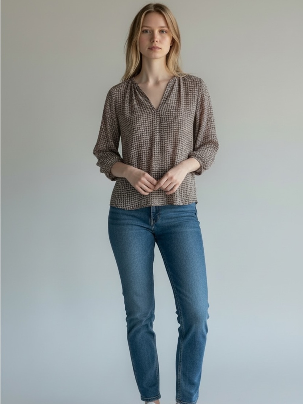 Pleione 3/4 Sleeve Split Neck Blouse Gray Size Small